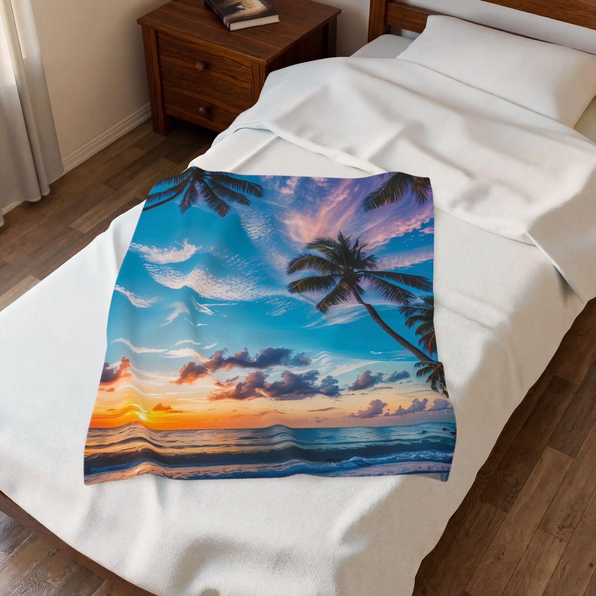 Tropical Sunset Velveteen Plush Blanket – Palm Beach Ocean Print Cozy Throw