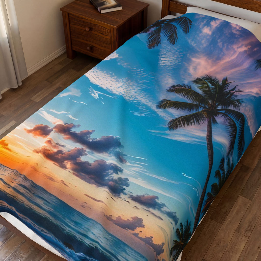 Tropical Sunset Velveteen Plush Blanket – Palm Beach Ocean Print Cozy Throw