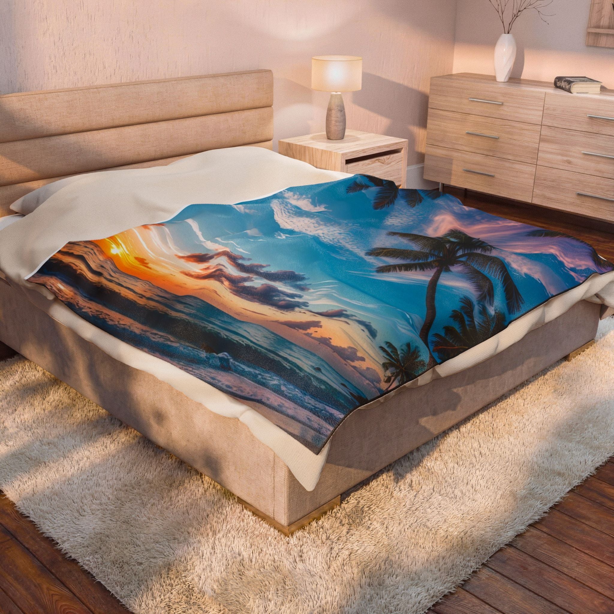 Tropical Sunset Velveteen Plush Blanket – Palm Beach Ocean Print Cozy Throw