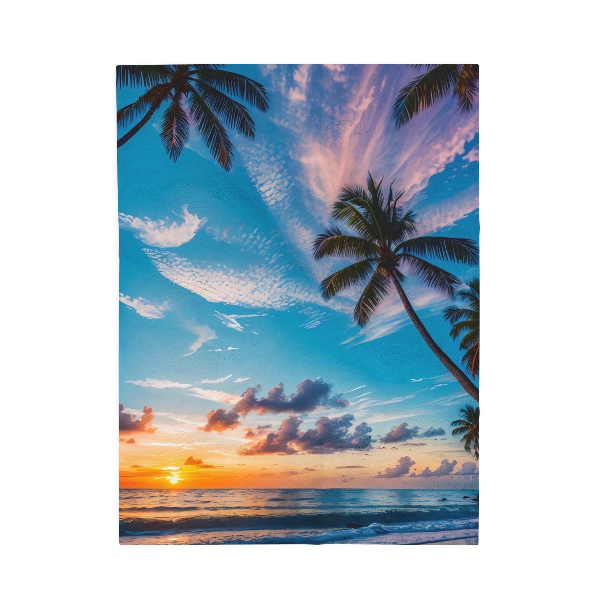 Tropical Sunset Velveteen Plush Blanket – Palm Beach Ocean Print Cozy Throw