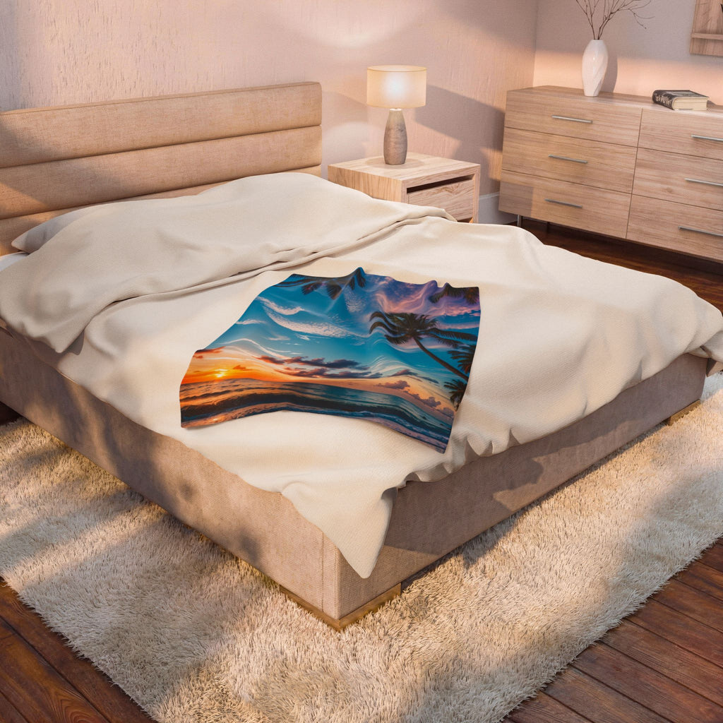 Tropical Sunset Velveteen Plush Blanket – Palm Beach Ocean Print Cozy Throw