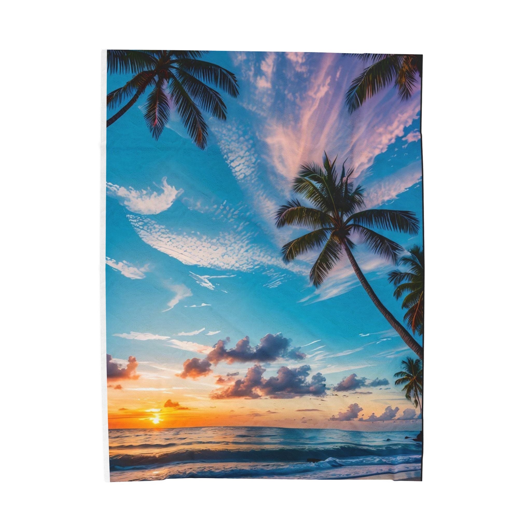 Tropical Sunset Velveteen Plush Blanket – Palm Beach Ocean Print Cozy Throw