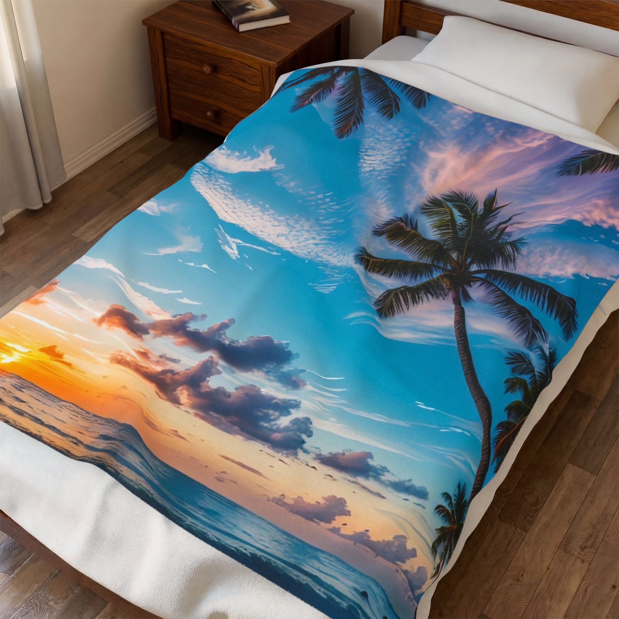 Tropical Sunset Velveteen Plush Blanket – Palm Beach Ocean Print Cozy Throw