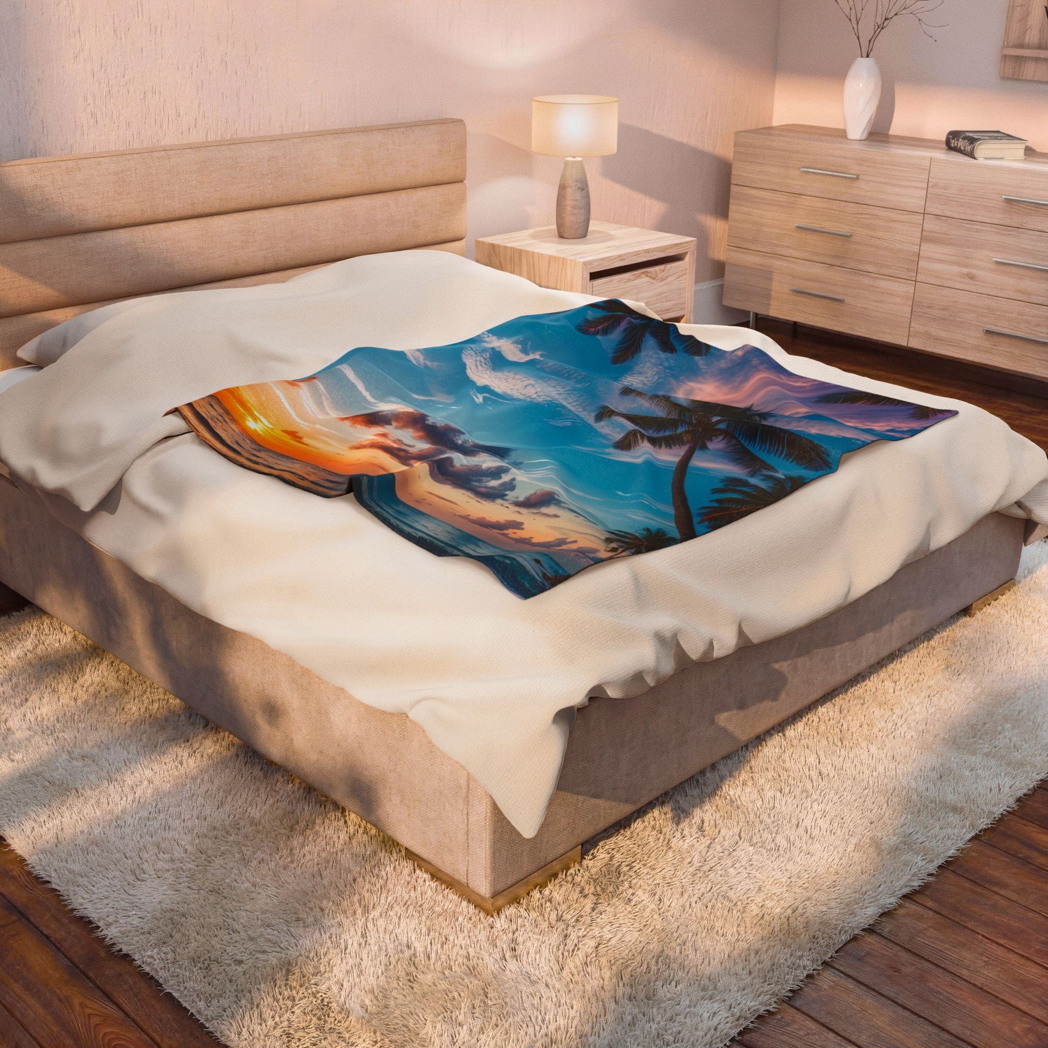 Tropical Sunset Velveteen Plush Blanket – Palm Beach Ocean Print Cozy Throw