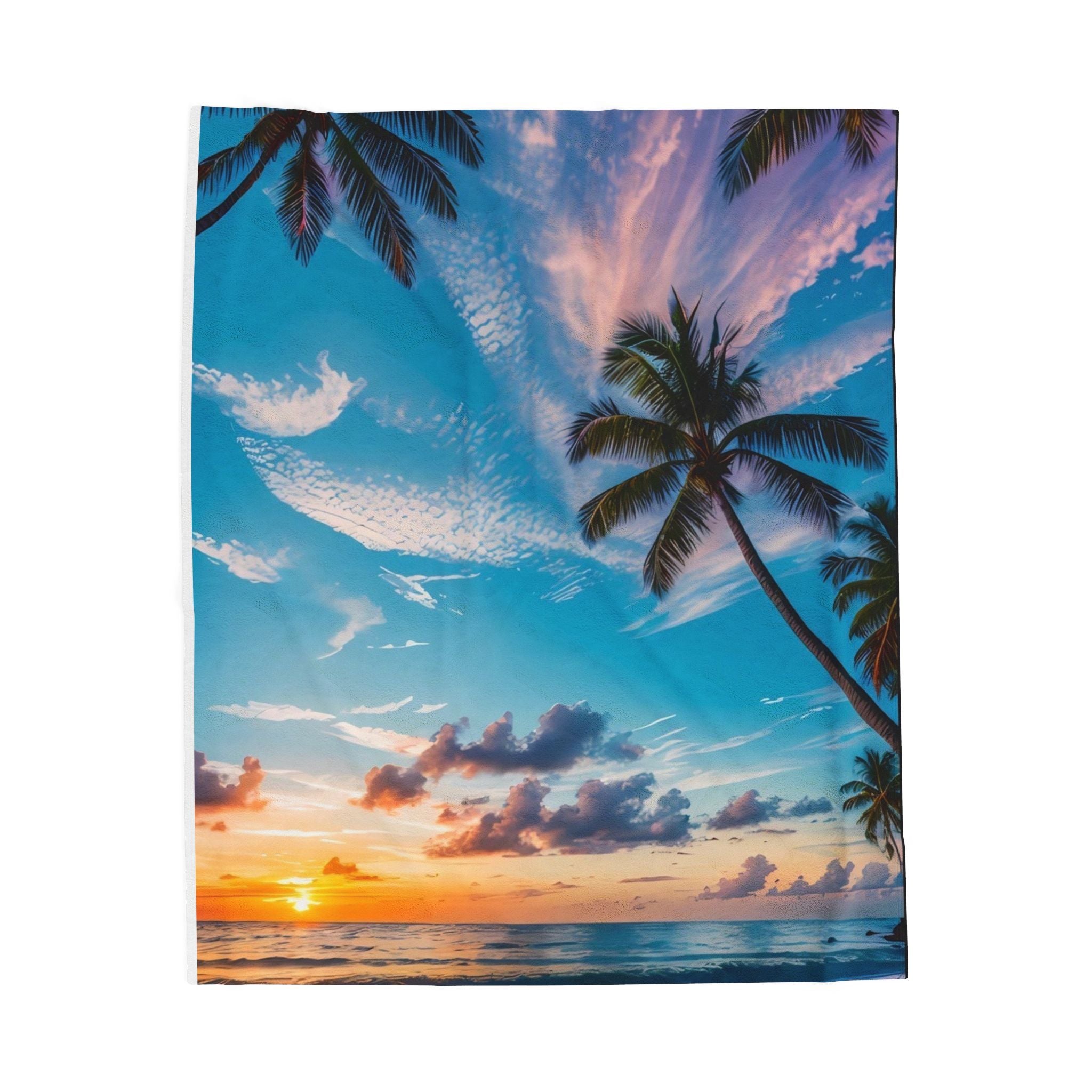 Tropical Sunset Velveteen Plush Blanket – Palm Beach Ocean Print Cozy Throw