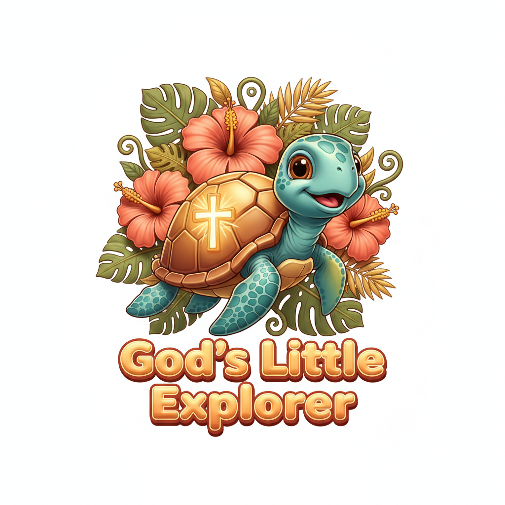 God's Little Explorer kids faith tee front print - sea turtle with cross and hibiscus flowers